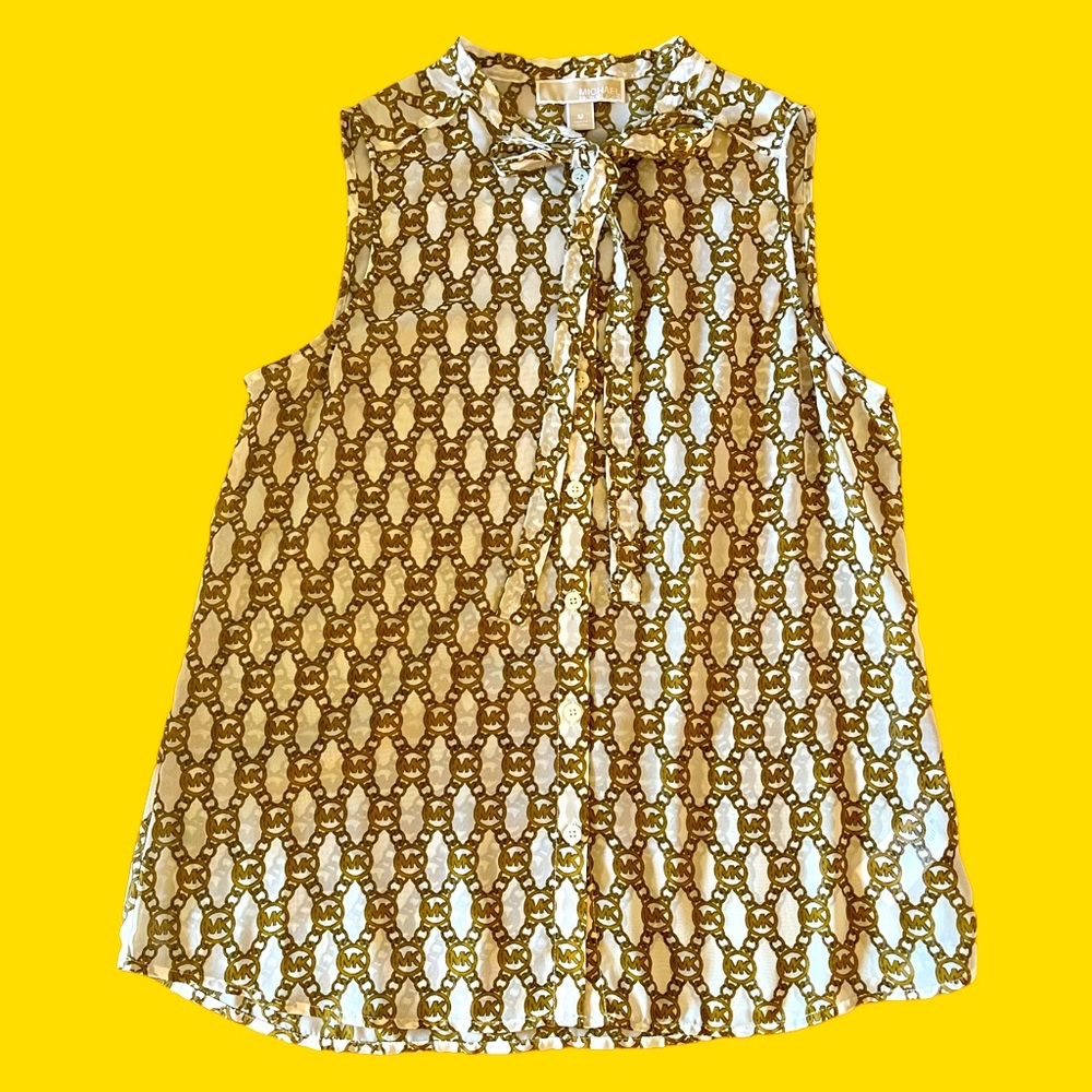 Michael Kors | Sheer No Sleeve Logo Blouse With Frayed Tie & Collar | Size M